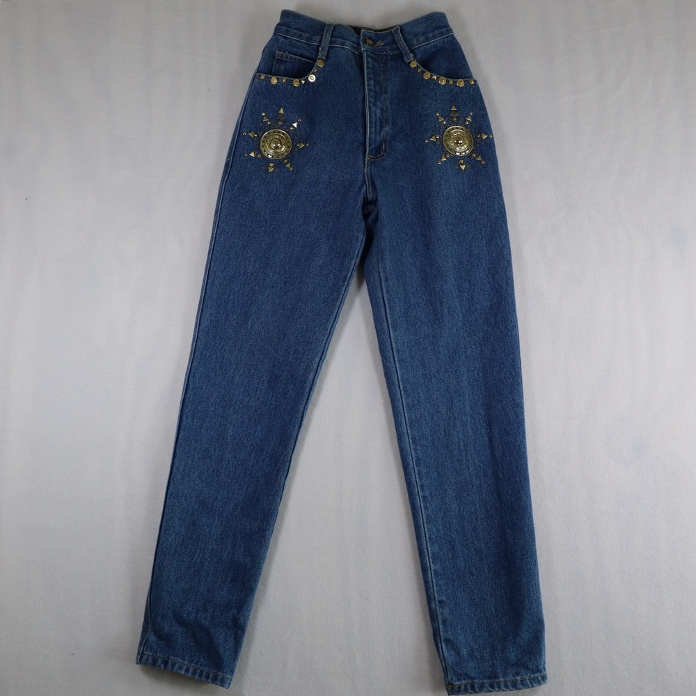 Vintage Monique Jeans Women's 3/4 Dark Wash Studded Western Denim Embroidered